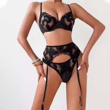 МОДА 2024 Перо Вышивка Сращивание Сексуальный Комплект Нижнего Белья Прозрачный Эротический Подвязка Для Чулок Комплект Из 3 Предметов Onlyfans S