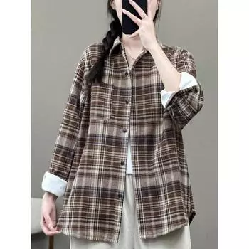 МОДА 2024 ретро-стиль Гонконга рубашка из полированного хлопка женская бархатная клетчатая терморубашка с длинными рукавами Одежда L синий