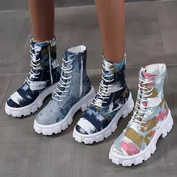 мода 2024 Стиль Модная обувь Дышащие толстые подошвы Ретро-ботинки без застежек Combat Boot Модный дизайн Повседневные ботинки Sapatos Femininos 36 темно-синий