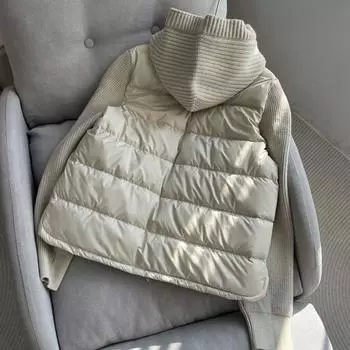 МОДА 2024 Трикотажная сращиваемая с капюшоном белая гусиная пуховая легкая модная короткая женская облегающая одежда M бежевый