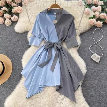 МОДА 2024 Весна и лето Новый стиль с цветовым сочетанием и утягивающим талию платьем-веером богини с асимметричным кружевом One Size чёрный