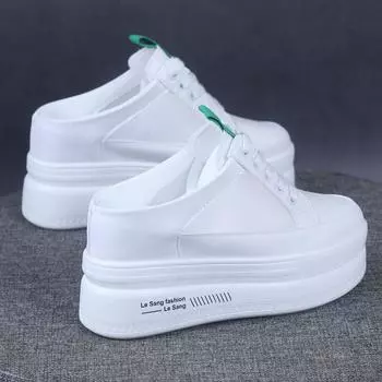 Мода 2024 Весна и Лето Сетчатые Белые Туфли Baotou Полутапочки Женские Толстые Подошвы Увеличенные 10 СМ Ленивые Туфли Белые Кроссовки 34 зелёный