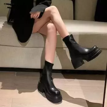 Мода 2024 Весна и Осень Лидер продаж Женская обувь Высококачественные однотонные круглые носки на низком каблуке Короткие женские модные ботинки 35 чёрный
