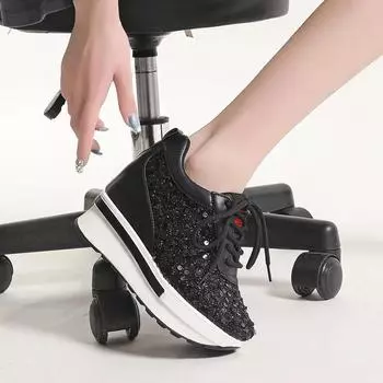 Мода 2024 Весна и Осень Модные Круглые Носки Однотонные Блестки Повседневные Вулканизированные Туфли С Поднятым Внутренним Шнуровкой Женские 35 чёрный