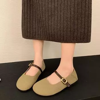 Мода 2024 Весна и Осень Модные Новые Женские Туфли С Одной Пряжкой Круглый Носок Удобные Плоские Туфли 35 бежевый