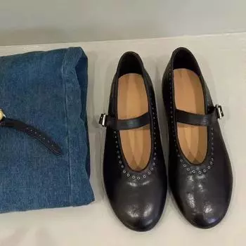Мода 2024 Весна и Осень Модные женские туфли Круглый носок Однотонные неглубокие блестящие прорезные пряжки Женские туфли на плоской подошве 35 чёрный