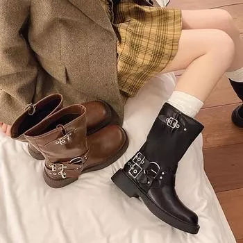 Мода 2024 Весна и Осень Модные Женские Сапоги на Толстом Каблуке Новые Квадратные Носки Однотонные Женские Сапоги Средней Длины С Пряжкой 35 чёрный
