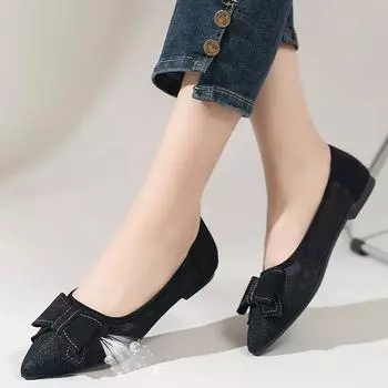 Мода 2024 Весна и Осень Новая Мода Туфли На Плоской Подошве С Заостренным Бантом Большие Размеры 41-43 Свадебные Туфли Удобная Повседневная Женская Обувь 35 чёрный