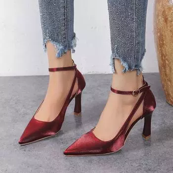 Мода 2024 Весна и Осень Новые Модные Однотонные Однотонные Пряжки с Неглубоким Вырезом Удобные Женские Босоножки На Высоком Каблуке 34 вино красного