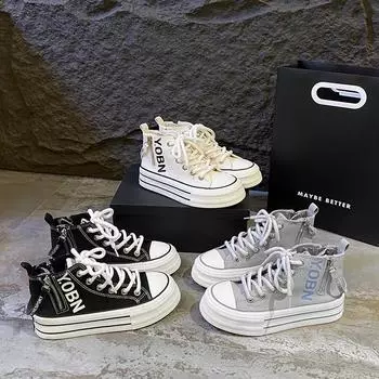 Мода 2024 Весна и Осень Новые женские спортивные туфли Высокие женские студенческие туфли на шнуровке с толстой подошвой из парусины 35 бежевый