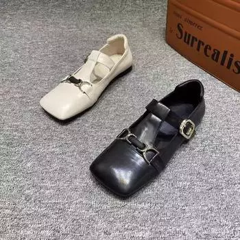 Мода 2024 Весна и Осень Женская Обувь Ремень Пряжка Женская Низкая Обувь Мода Квадратный Носок Новая Пряжка Женская Ремень 35 бежевый