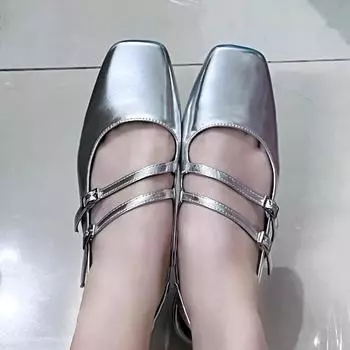 Мода 2024 Весна Кожаные Ремешки Квадратная Головка Толстый Каблук Туфли Мэри Джейн Женские Низкие Каблуки Последующие Туфли Женские Туфли Высокие Каблуки 35 серебряный