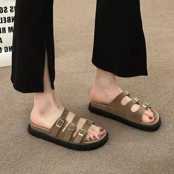 Мода 2024 Весна Новые кожаные туфли женские сандалии на плоской подошве с мелким носком в стиле пэчворк женские шлепанцы сандалии летние тапочки 40 36 чёрный