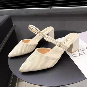 мода 2024 Весна Новые Модные Туфли На Толстом Каблуке Женские Феи Стиль Сетчатые Красные Сандалии Мэри Джейн Баотоу с Квадратной Головкой Сзади Пустые Босоножки На Высоком Каблуке 35 бежевый