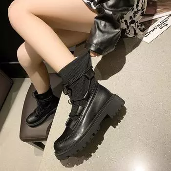 Мода 2024 Весна Новые женские модные полусапожки с круглым носком на шнуровке с защитой от скольжения 35 чёрный