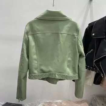 МОДА 2024 Весна Новый Гонконгский стиль Уличный PU Кожа Высокая талия Узкие Короткие Заклепки Ремень Локомотив Одежда Кожаная Куртка Женская Одежда S чёрный