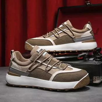 Мода 2024 Весна Новый тренд Кожаная прошитая повседневная обувь Корейская версия Индивидуальная мода Спортивная беговая мужская обувь 39 бежевый