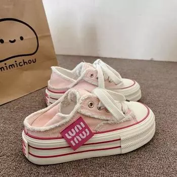 Мода 2024 Весна Осень Новые Дизайнерские Модные Повседневные Туфли Из Холста Для Женщин Полутапочки Женские Кроссовки На Платформе Дамы 35 бежевый