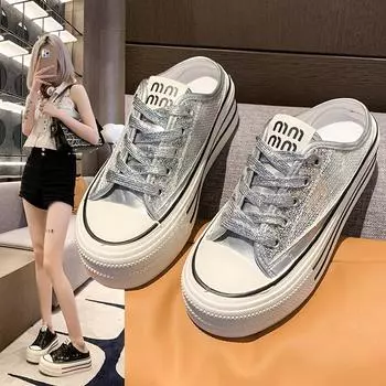 Мода 2024 Весна Осень Женские Тапочки Модные Тапочки Баотоу Полутапочки Носить Новый Стиль Маффин Шнуровка Повседневные Холщовые Тапочки Женские 35 чёрный