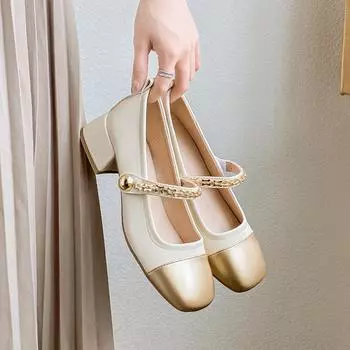 Мода 2024 Весна Женская Уличная Обувь Корейский Стиль Высокие Каблуки Модные Цепи Женская Повседневная Обувь Мэри Джейн Одежда Для Работы И Вечеринок 35 слоновая кость