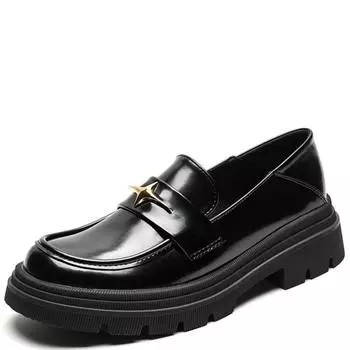 Мода 2024 Весна Женские кожаные туфли Женские черные повседневные лоферы Британский стиль Низкий каблук Металлические украшения Деловая и прогулочная одежда 34 чёрный