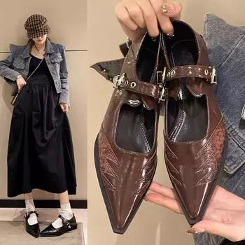 мода 2024 Весна Женские Туфли-лодочки с острым носком Модные Элегантные Туфли Мэри Джейн с мелкой пряжкой на низком каблуке в уличном стиле Высокие каблуки для женщин 35 чёрный