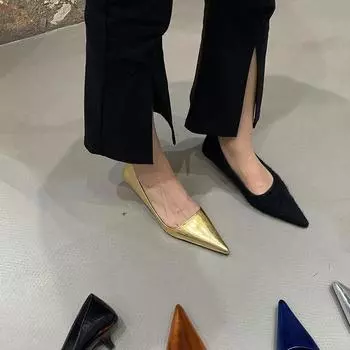Мода 2024 Весна Женские туфли с острым носком на высоком каблуке Женские модные туфли без застежек на неглубоких каблуках Женские элегантные туфли-лодочки Paryt Dress 37 золотой