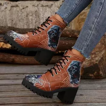 Мода 2024 Высококачественная обувь Женские ботинки на шнуровке Женские ботинки Осенние ботинки с круглым носком Разноцветные короткие бочонки на толстом каблуке Модные ботинки 36 чёрный