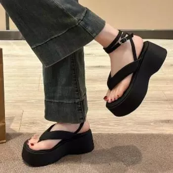 Мода 2024 Высококачественная обувь Женские сандалии с ремешком на щиколотке Летние сандалии с пряжкой на твердой платформе Повседневные модные сандалии Zapatos De Mujer 35 бежевый