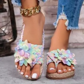 Мода 2024 Высококачественная женская обувь Большие размеры Женские тапочки Модные цветочные модные тапочки Новые тапочки на плоской подошве с открытым носком Zapatos Mujer 36