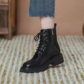 Мода 2024 Высококачественная женская обувь Ботинки женские с боковой молнией Модные современные ботинки на шнуровке Женские новые ботинки с круглым носком Zapatos 35 чёрный