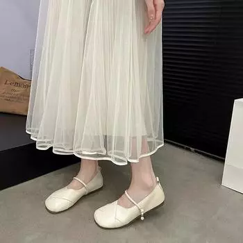 Мода 2024 Высококачественная женская обувь Модные квадратные носки с неглубоким вырезом, однотонные, с одной линией пряжки, блестящие женские туфли на плоской подошве 35 бежевый