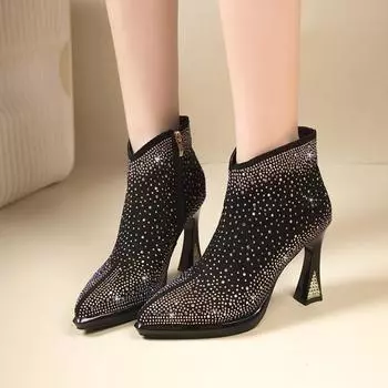 Мода 2024 Высококачественные украшения из стразов на тонком каблуке для женщин на открытом воздухе Ботильоны с боковой молнией Модные ботинки Zapatos Para Mujeres 34