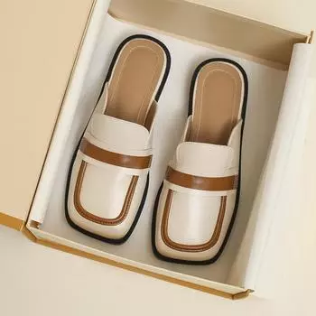 мода 2024 весна и осень женская одежда плоские тапочки квадратный дизайн головка британский стиль праздничная и рабочая одежда женские повседневные мюли 41-43 35 чёрный