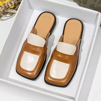 мода 2024 весна и осень женская одежда плоские тапочки квадратный дизайн головка британский стиль праздничная и рабочая одежда женские повседневные мюли 41-43 35 чёрный