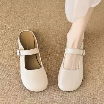 мода 2024 весна и осень женские плоские тапочки верхняя одежда корейский стиль круглая головка неглубокий дизайн горловины женские повседневные мюли 41-43 35 слоновая кость