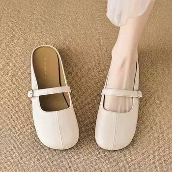 мода 2024 весна и осень женские плоские тапочки верхняя одежда корейский стиль круглая головка неглубокий дизайн горловины женские повседневные мюли 41-43 35 коричневый