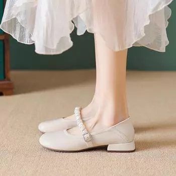 мода 2024 весна и осень женские туфли на высоком каблуке Мэри Джейн кожаные туфли модный дизайн с жемчугом женские повседневные лоферы праздничная и рабочая одежда 35 слоновая кость