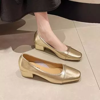 мода 2024 весна осень женские мокасины квадратный носок толстый каблук женская обувь кожа ретро золотистые женские туфли-лодочки ручной работы 35 золотой