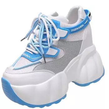 Мода 2024 Zapatillas Mujer Новые женские блестящие массивные кроссовки дышащая спортивная обувь на платформе женская повседневная обувь на шнуровке с толстой подошвой 34 синий