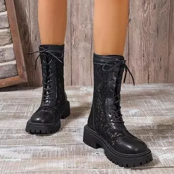 Мода 2024 Женская обувь Кружева до середины голени Женские сапоги Элегантные современные сапоги Женские с перекрестными шнурками Круглый носок Квадратный каблук Застежка-молния Туфли женские 35 чёрный