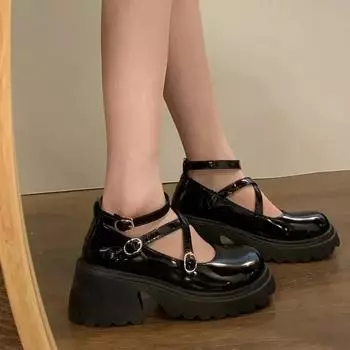 Мода 2024 Женская обувь Мэри Джейн Женские туфли на высоком каблуке Платформа Платье Туфли-лодочки Женские туфли на толстом каблуке с круглым носком и пряжкой на ремне Женские 35