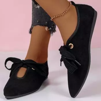 Мода 2024 Женская обувь Осенние балетки с острым носком Женские туфли на плоской подошве Повседневные туфли на плоской подошве с мягкой подошвой Женские элегантные туфли на шнуровке 35 чёрный