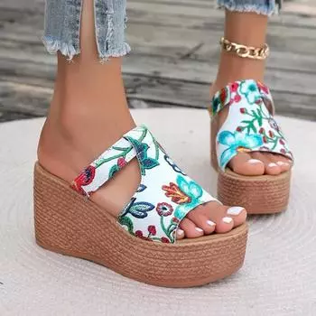 Мода 2024 Женская обувь Современные женские тапочки Уличные тапочки Женские туфли с принтом Круглый носок Платформа Клинья Супер Высокая обувь Женская 35
