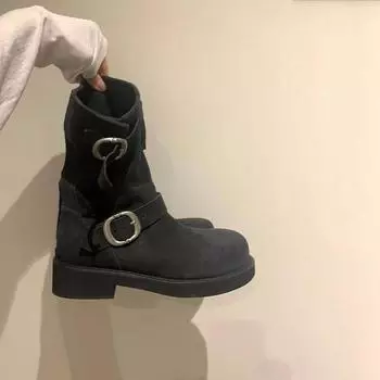 Мода 2024 Женская обувь Женские сапоги до середины икры Ретро Современные сапоги Женские туфли с пряжкой на ремне и круглым носком на низком каблуке Женская обувь 35 чёрный