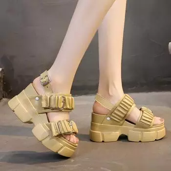 Мода 2024 Женские босоножки на каблуках Плиссированные босоножки Летняя обувь Женские босоножки на платформе Мягкие туфли на танкетке Sandalias Mujer Повседневная обувь 34 бежевый