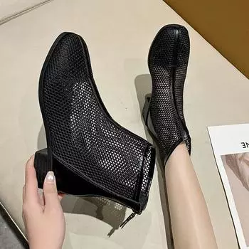 Мода 2024 Женские ботильоны Лето Новая мода Модные женские босоножки на толстой подошве с высоким берцем Сетчатые дышащие удобные короткие ботинки 35 бежевый