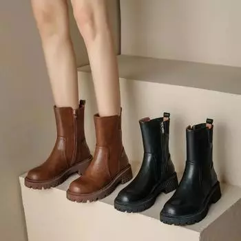 Мода 2024 Женские Ботильоны Модные Лаконичные Туфли Из Натуральной Кожи Женские Рабочие Уличные Повседневные Плюшевые Толстые Подошвы Рыцарские Короткие Сапоги 35