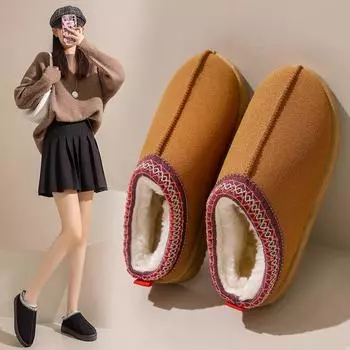 Мода 2024 Женские флисовые меховые теплые тапочки на толстой подошве Хлопковые туфли без каблука Женские хлопковые сапоги 36 верблюд