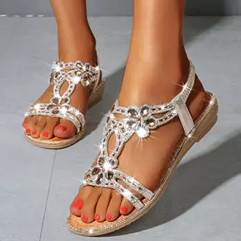 мода 2024 Женские сандалии со стразами, модные женские туфли, однотонные летние сандалии с открытым носком, нескользящие женские туфли 35 чёрный